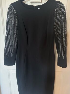 Calvin Klein Black Long Sleeve Bodycon Cocktail Dress Crystal-Embellished Size 6